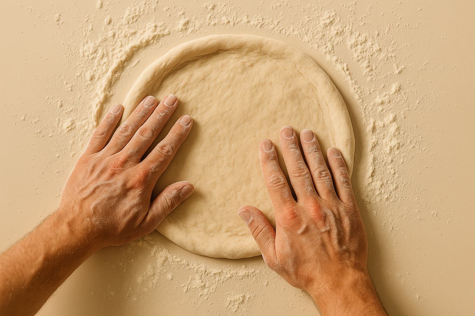 Hands stretching fresh pizza dough in flour
