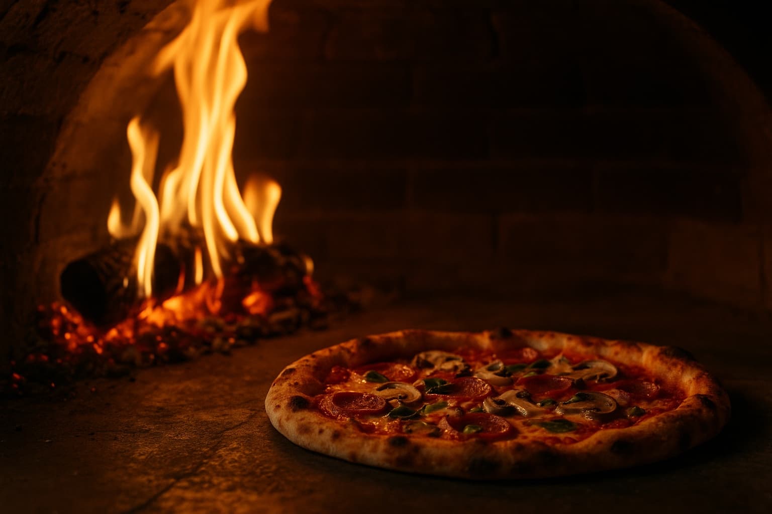 The pizza oven with a pizza beside the flames