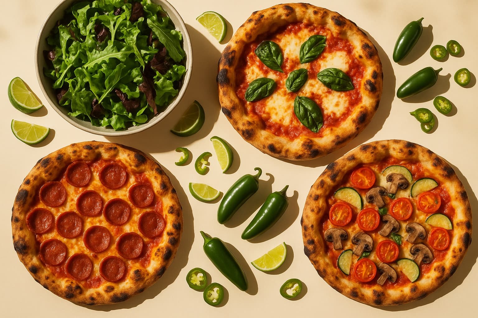 Dos pizzas y una ensalada en la mesa